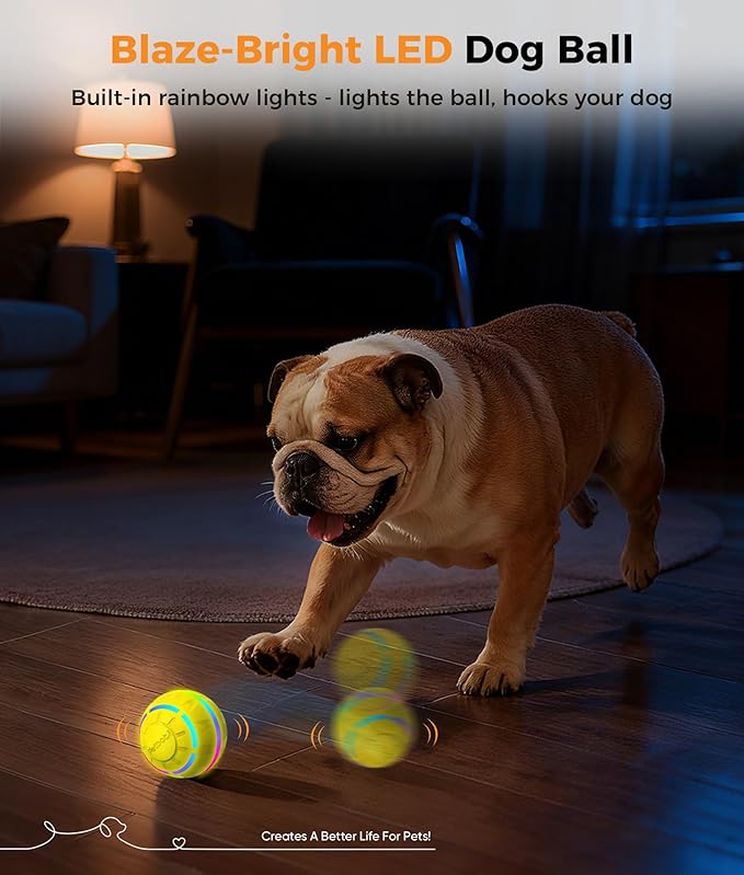 Petbobi Interactive Dog Toys – USB Rechargeable Automatic Rolling Ball with LED Light, Smart Bouncing Ball for Small Medium Pets to Exercise, Durable TPU Shell, Dog Toys to Keep Them Busy, Yellow