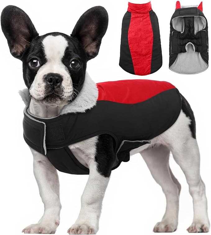 Warm Dog Coat,Waterproof Jacket in Winter Adjustable and Reversible Doggy Fleece Outfit,Thick Clothes with Foldable Collar for Puppy in Cold Days,S Red