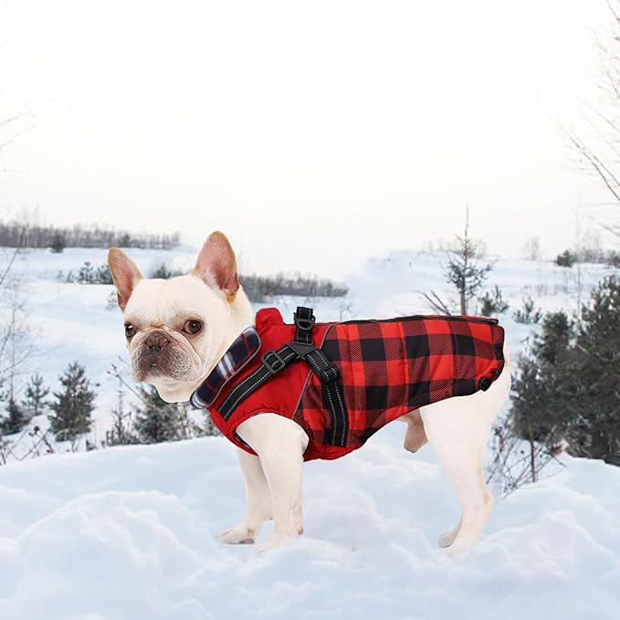Dog Coat with Harness,Small Dog Winter Coat,Doggie Jackets with Built in Harness,Adjustable Warm Jacket for Medium Large Dogs,Pet Puppy Cold Weather Coats for Dogs Waterproof (PlaidRed, Large)