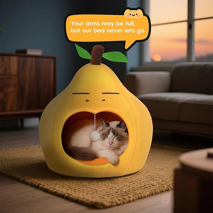 Cute Cat Beds for Indoor Cats, Small Dog Beds, Soft Washable Pet Beds for Kitten and Puppy, Funny Pear Cat Cave, 19 Inches