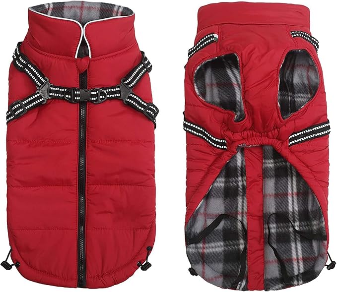 Winter Warm Coat Geyecete Waterproof Jacket with Harness Traction Belt,Pet Outdoor Jacket Dog Autumn and Winter Clothes for Medium, Small Dog-Red-M