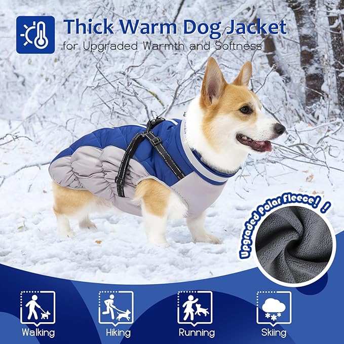 Dog Winter Coat with Harness, Dog Jacket, Pet Clothes with Zipper on Back, Waterproof Windproof Warm Vest, Reflective Cold Weather Coats, for Small Medium Large Dogs, Thick, Blue, XL