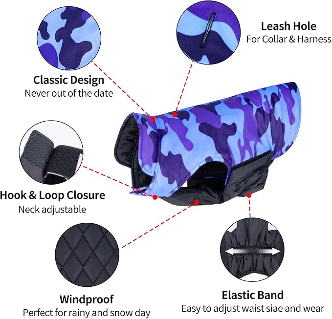 CuteBone Winter Dog Jacket - Reversible Soft Coat for Small, Medium, Large Dogs - Windproof, Waterproof, Adjustable with Leash Hole