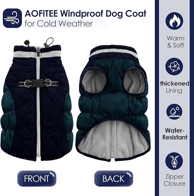 AOFITEE Dog Coat, Warm Dog Jackets for Large Dogs, Reflective Turtleneck Dogs Winter Coat with Harness Built in, Waterproof Windproof Pet Snow Jacket Fleece Vest for Cold Weather, Navy XXL