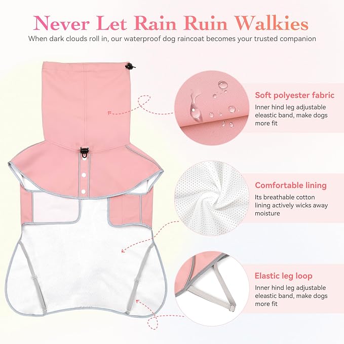 Reflective Dog Raincoat, Windproof & Waterproof Dog Rain Jacket, Adjustable Hooded Pet Poncho with Leash Hole for Small, Medium, Large Dogs(S-2XL) (Pink, Small)