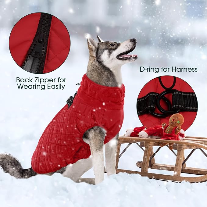 Kuoser Medium Dog Coat | All-Breed Thermal Wear with Windproof Layer | Reflective Tabs Enhance Visibility in Snow, Snap Buckles Simplify Dressing, Red M