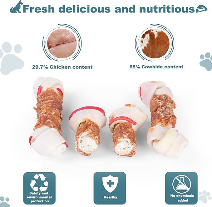 Dog Treats Chicken Wrapped Rawhide Bones for Small Dog Treats Puppy Chews Snacks Promotes Healthy Chewing Chicken Wrapped Knot 6.5" 1lb