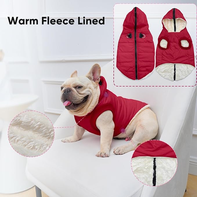 Fleece Lining Dog Hoodie with Harness Built in,Extra Warm Medium Dog Jacket in Winter Doggie Coats with Hooded,Red L
