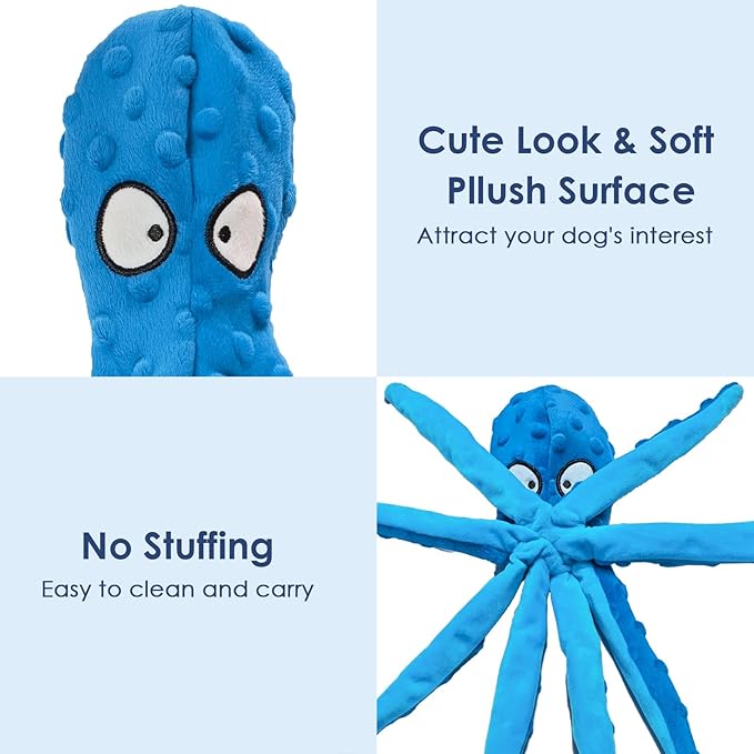 8 Pack Squeaky Octopus Plush Dog Toys for Aggressive Chewers, No Stuffing, Crinkle, Durable Interactive, 4 Colors
