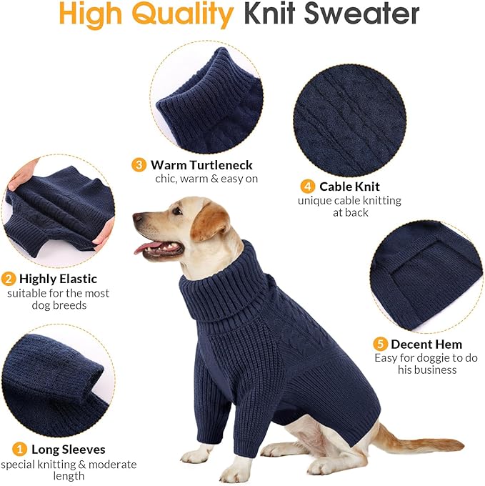Queenmore Large Dog Sweater for Girl or Boy, Christmas Sweatshirt, Winter Puppy Knitwear, Pet Chunky Warm Coat for Small Medium Dogs, NavyBlue L