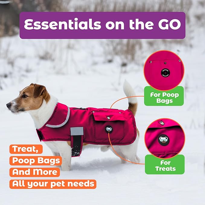 Joyride Harness FrostFlex Dog Winter Jacket - Fleece Lined & Water-Resistant - Snowsuit with Pockets for Treats & Poop Bags - Durable Cold Weather Dog Coat - Pink Berry-XXL