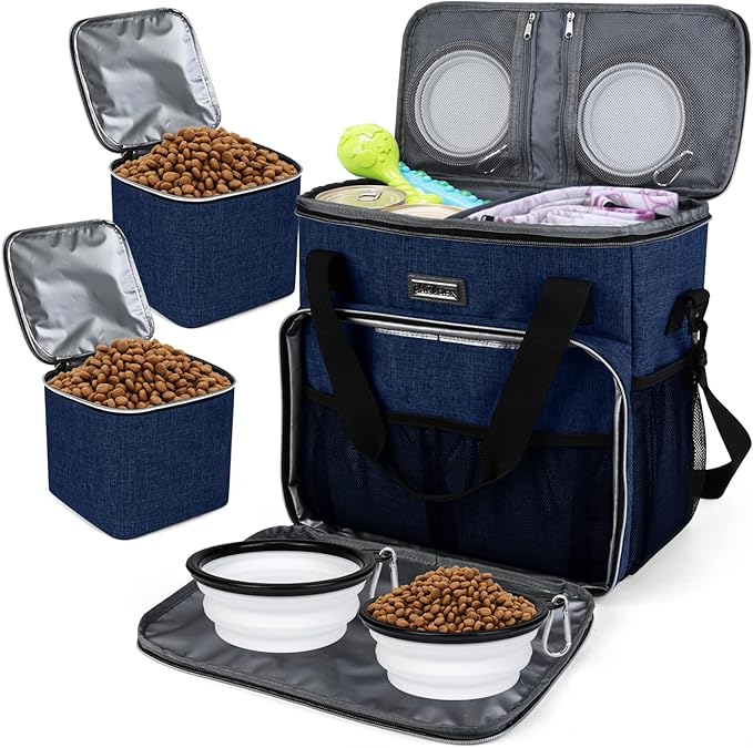 BAGLHER Dog Travel Bag, Pet Travel Bag (ALL Pet Travel Supplies), With 2 Pet Food Containers and 2 Collapsible Silicone Bowls; Essential Kits for Pet Travel Dark Blue