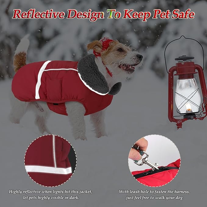 Dogcheer Warm Dog Coat, Christmas Dog Jacket Waterproof Puppy Winter Coat with Buckles, Reflective Adjustable Pet Snow Jacket Turtleneck Fleece Sweater for Small Medium Large Dogs - Red, M