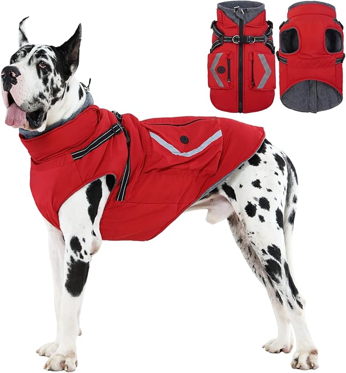 FUAMEY Dog Harness Coat 3X Large, Winter Jacket for Dogs Cold Weather Vest Reflective Strips, Warm Doggy Clothes Winter Suit Waterproof, Cozy Outfits for Large Doggies, Golden Retriever (Red, 3XL)