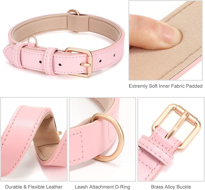 WHIPPY Airtag Leather Dog Collar GPS Tracker Air Tag Puppy Collar Adjustable Soft Leather Padded Dog Collar with Airtag Holder Case for Small Medium Large Dog Pet Backpack,Pink,XS