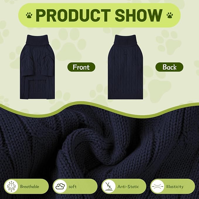Small Dog Thermal Pullover Sweater, Classic Turtleneck Cable Knitwear Dog Clothes for Cold Weather Warm Pet Clothes for Chihuahua, Bulldog, Dachshund, Pug Navy X-Large