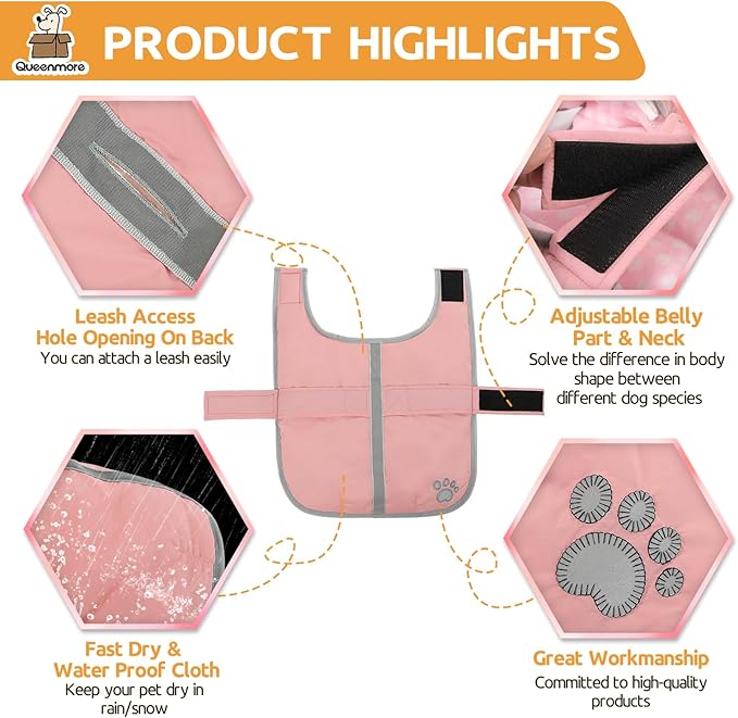 Queenmore Dog Winter Coat, Fleece Puffer Dog Down Vest, Cold Weather Pet Jacket for Dogs, Waterproof Reflective Reversible Dog Sweater Clothes for Small, Medium and Large Dogs (Light Pink, XS)