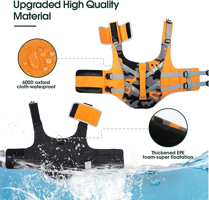 Kuoser Adjustable High Visibility Dog Life Vest, Ripstop Dog Lifesaver Pet Life Preserver with High Flotation Swimsuit, Reflective Stripes for Small Medium & Large Dogs