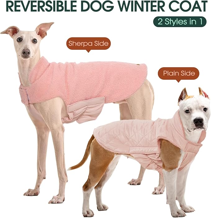 Kuoser Reversible Dog Coat – Warm Fleece & Quilted Waterproof Dog Jacket, Double-Sided Cold Weather Dogs Winter Coat with Harness Hole, Windproof Pet Snow Vest for Small Medium Large Dogs, Pink M