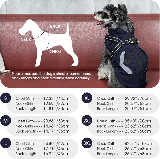 FUAMEY Dog Coat Zipper on Back, Fleece Lined Dogs Jacket for Winter with Harness Built-in, Insulated Clothes Large Doggy Cold Weather Outfits with Pop Bag Pockets, Jack Russell (Dark Blue, L)