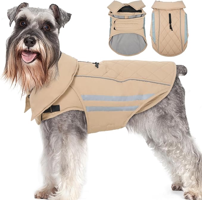 Dog Coat for Large Dogs Waterproof Winter Jacket with Harness Hole Turtleneck Hook & Loop Snowsuit Warm Fleece Dog Jacket for Cold Weather Windproof, Khaki XL
