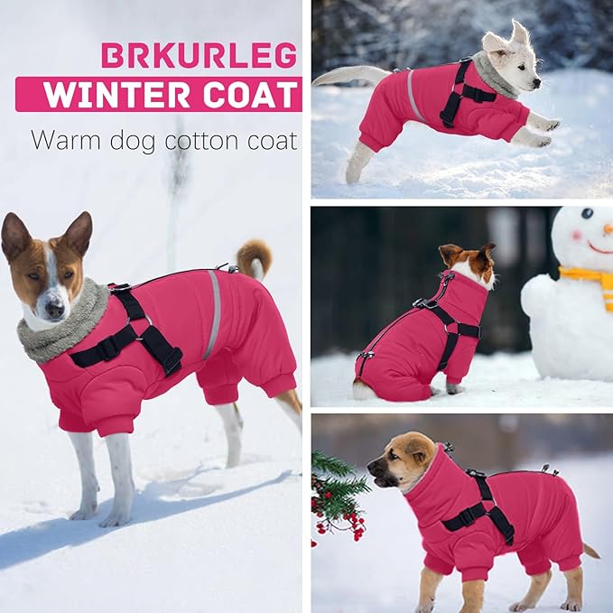 BRKURLEG Dog Winter Coat with Harness Built in, Winter Dog Jacket for Small and Medium Dogs, Small Dogs Snowsuit Reflective Windproof Cold Weather Coat, Puppy Warm Fleece Coats, Hot Pink, S