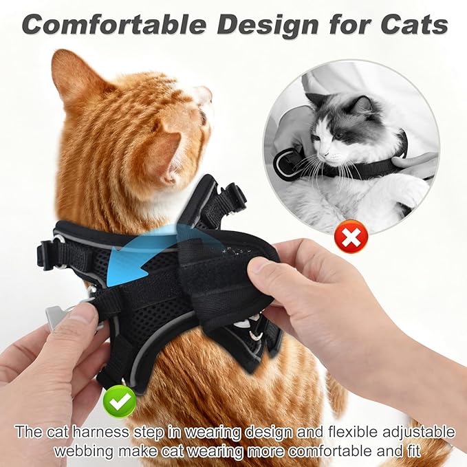 Kitten Cat Harness and Leash Set, Escape Proof Soft 4-Adjustable Cat Walking Vest Harness, Reflective Strips in Harness for Kitty Puppy Bunny Car Travel, with Car Seatbelt Leash (Black, XS)