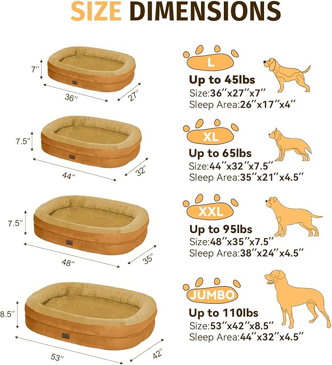 Orthopedic Waterproof Large Dog Bed: Memory Foam Washable Dog Bed with Bolsters - Removable Orthopedic Cover for Medium L XL Large Sized Pet - Non-Slip Bottom - Orange