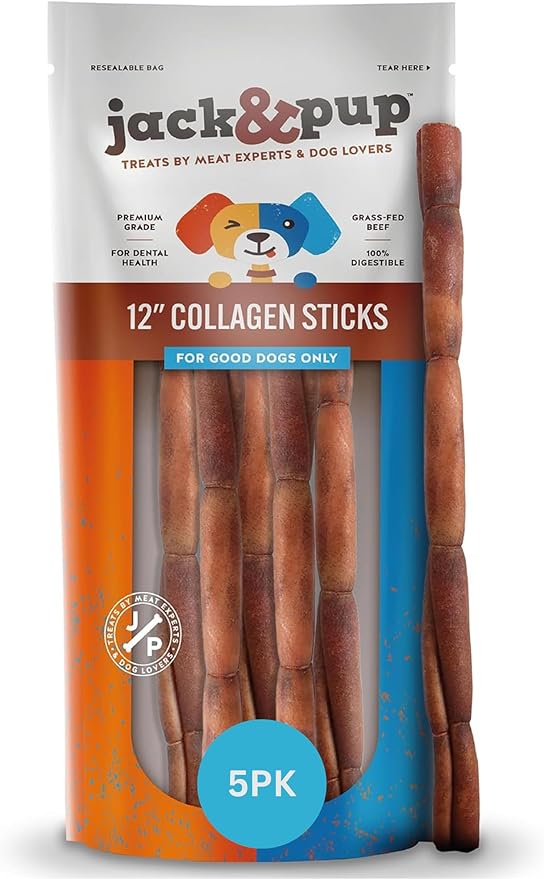 Jack&Pup 12" Beef Collagen Sticks for Dogs | Rawhide Free Dog Chews Long Lasting | Single Ingredient Healthy Dog Treats for Medium Dogs | Bully Stick Alternative (5 Pack)