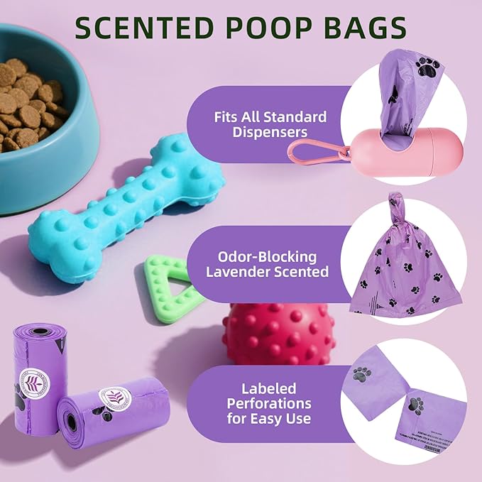 Undoria Purple Poop Bags for Dogs,18 rolls(270 Count Biodegradable Poop Bags,9x13 inches),With Dog Poop Bag Holder– Extra Thick & Leak-Proof Waste Bags for Dogs & Cats,Lavender Scent