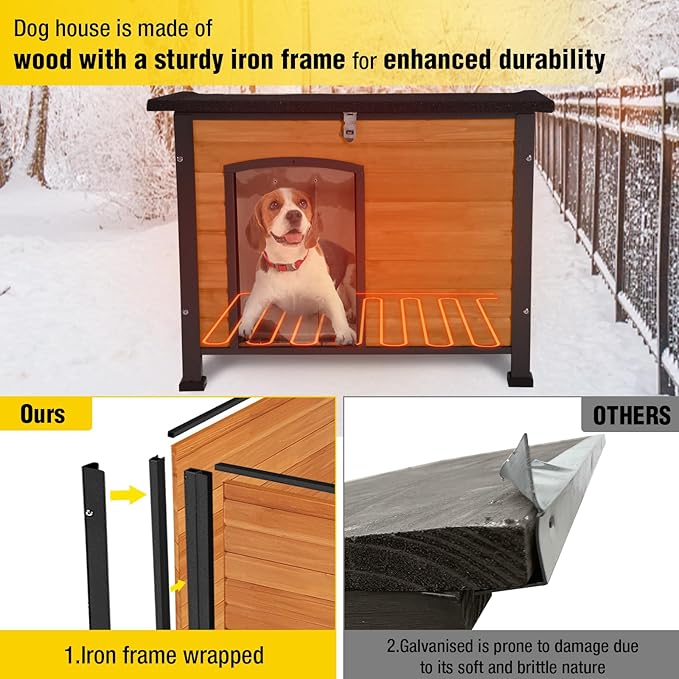AIVITUVIN Outdoor Heated Dog House Anti Chewing Iron Frame Insulated Dog Kennel with Heating Pad Weatherproof Shelter （Brown,XL）