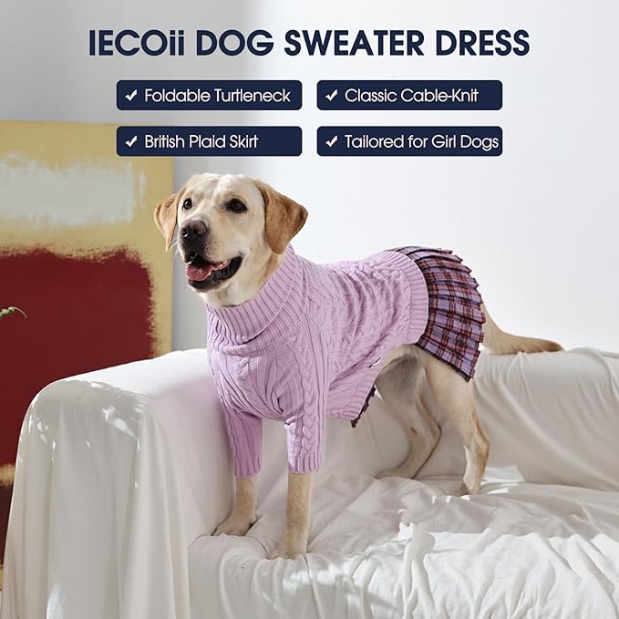 IECOii Girl XXXL Dog Sweater Dress, Girl Dog Sweaters for Extra Large Dogs Turleneck, Purple,XXXLarge, Thermal Warm Knitwear with Leash Hole, Adorable Cable Knit Sweater for Christmas & Thanksgiving