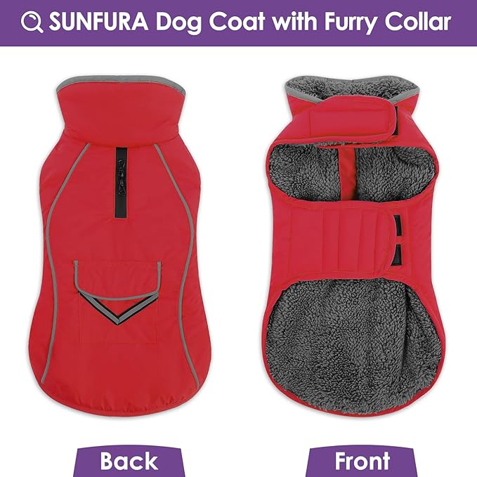 SUNFURA Dog Coat, Large Dog Jacket Reflective Winter Coat for Cold Weather, Windproof Pet Snow Jacket with Pocket, Warm Fleece Sweater Clothes for Large Dogs, Red L