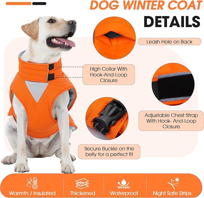 XXXL Dog Coat, Warm Dog Winter Jacket, Waterproof Dogs Snowsuit With Foldable High Collar, Reflective Strips, Leash Hole, And Adjustable Hook & Loop Closure - Ideal For Cold Weather- Orange 3XL