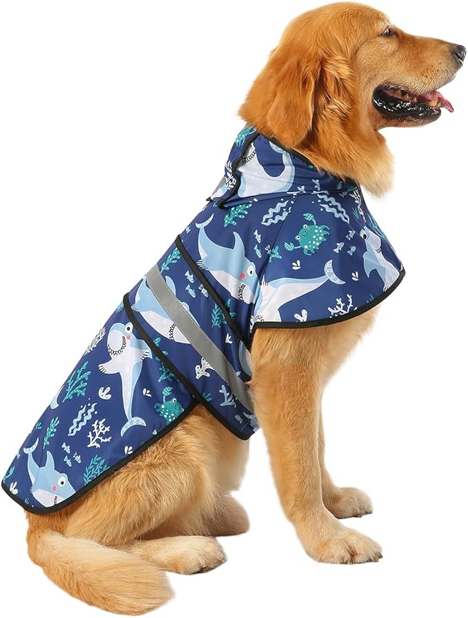 HDE Dog Raincoat Jacket Reflective Adjustable Hooded Pet Poncho Rain Coat with Leash Hole for Small to X-Large Dogs Sharks - L