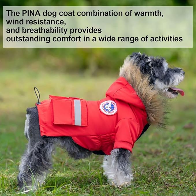 PINA Small Dog Coats - Waterproof, Warm Winter Jacket with Faux Fur Hood & Pocket