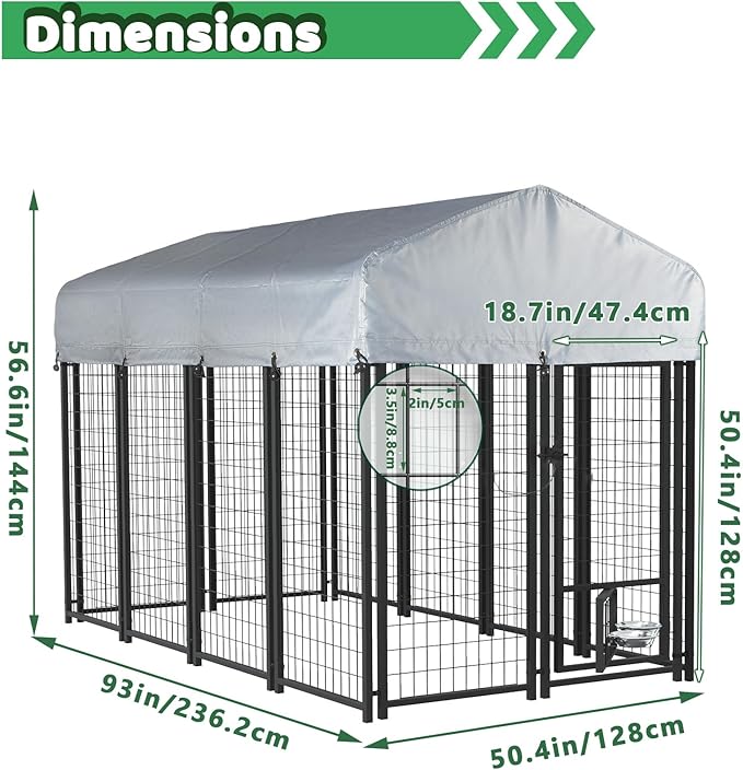 LEMBERI 8x4x4 Outside Dog Kennel with Roof for Large Dogs,Heavy Duty Welded Wire Steel Dog Playpen Fence with Secure Lock, Pet Pen with UV-Resistant Waterproof Cover (93.1''L x 50.4''W x 56.6'H)