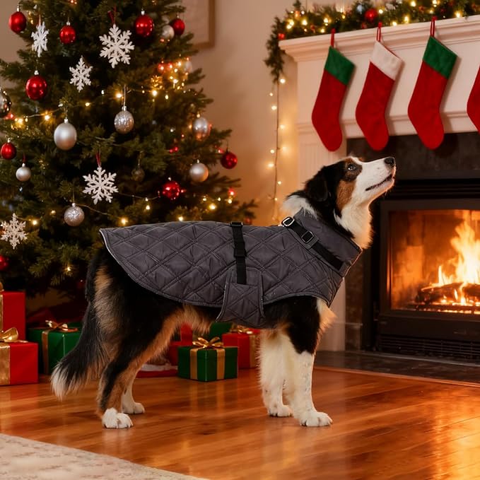 Kuoser Dog Coat Warm Fleece Lining Turtleneck Dog Jacket with Harness Built-in, Adjustable Windproof Cold Weather Coats with Quick Release Buckle Pet Winter Snowsuit for Extra Large Dogs, Grey 3XL