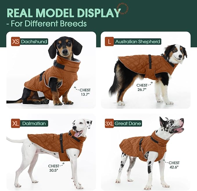 Kuoser Dog Coat Warm Fleece Lining Turtleneck Dog Jacket with Harness Built-in, Adjustable Windproof Cold Weather Coats with Quick Release Buckle Pet Winter Snowsuit for Medium Large Dogs, Khaki L