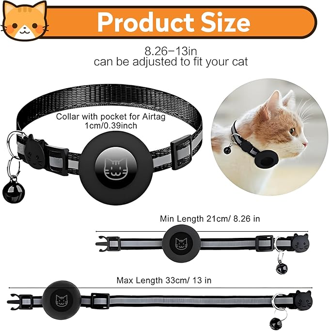 2 Pack Airtag Cat Collar with Bell, Reflective Nylon Kitten Collar with Apple Air Tag Holder and Breakaway Safety Buckle for Puppy Girl Boy Cats, 3/8" in Width and Lightweight, Black/Purple