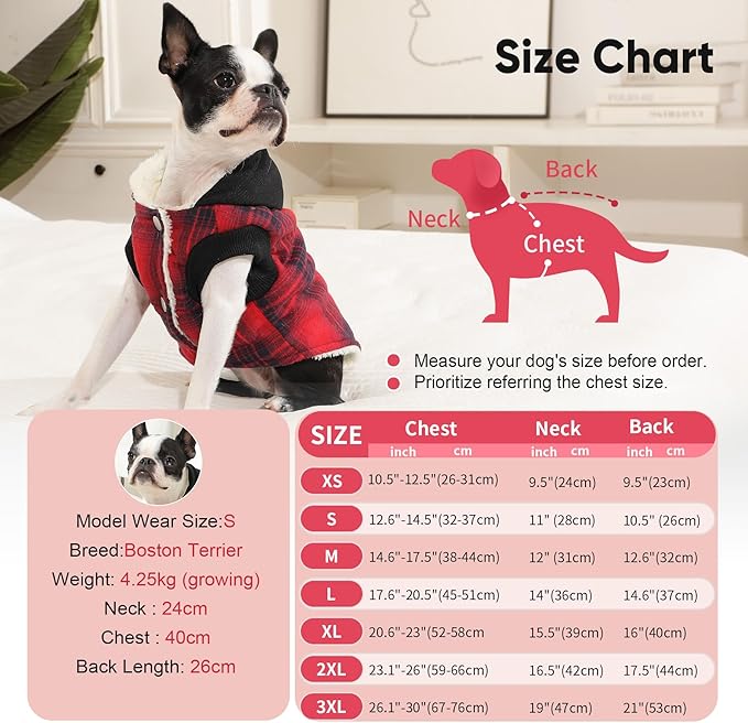 Fleece Lining Dog Hoodie for Medium Dogs Extra Warm Plaid Sweater with Drawstring Hooded Coats in Winter Doggie Jacket,Red XL