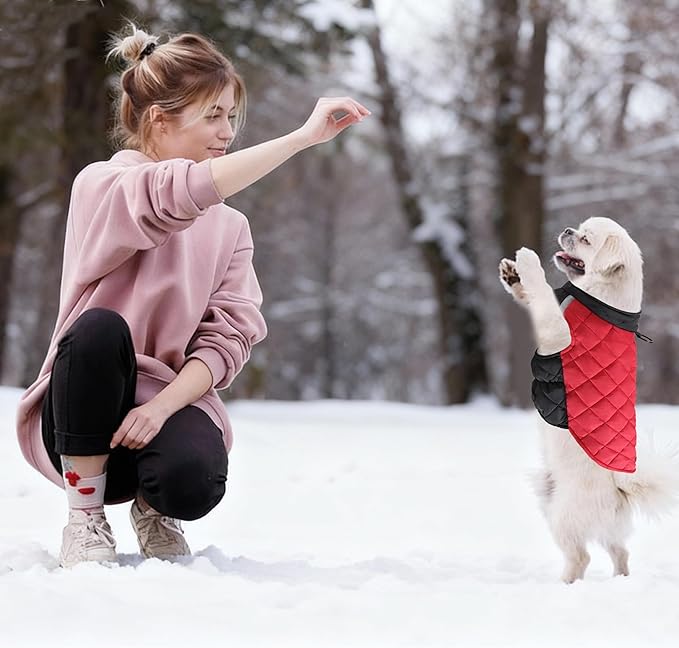Quilted Dog Winter Coat, Plaid Lined Reversible Vest, Reflective Safety Strip, Cold Weather Pet Apparel Red S