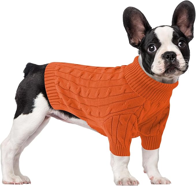 Small Dog Thermal Pullover Sweater, Classic Turtleneck Cable Knitwear Dog Clothes for Cold Weather Warm Pet Clothes for Chihuahua, Bulldog, Dachshund, Pug Orange XX-Large