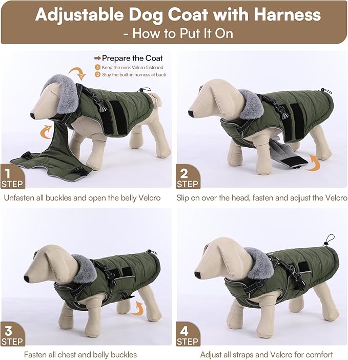 Queenmore Dog Coats for Large Dogs Winter Waterproof with Harness Built-in, Pet Puffer Warm Jacket with Harness for Snow/Cold Weather for Large Breed - Fleece Lining Easy-on Reflective, Green L