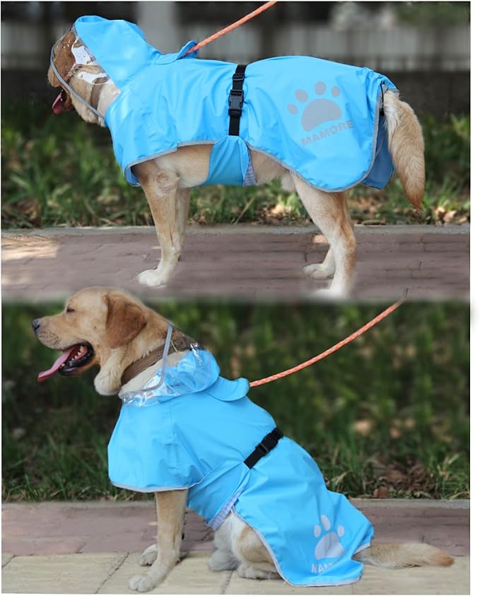Waterproof Dog Raincoat, Reflective Adjustable Hooded Dog Rain Coat, Lightweight Breathable Pet Rain Jacket Poncho Double Layer with Leash Hole for Small Medium Large Dogs (Blue, Small)