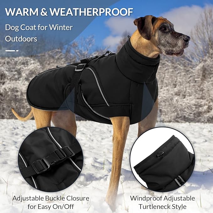 Queenmore Winter Dog Coat Warm Dog Jacket Vest Waterproof Puffer Fleece Snowsuit Adjustable Buckle Leash Hole Reflective Cold Weather Parka for Small Medium Large Dogs Girl Boy Black S