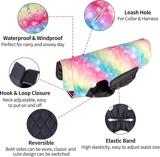 CuteBone Reversible Windproof & Waterproof Dog Jacket - Thick Soft Winter Coat for Medium, Large, & Small Dogs with Leash Hole