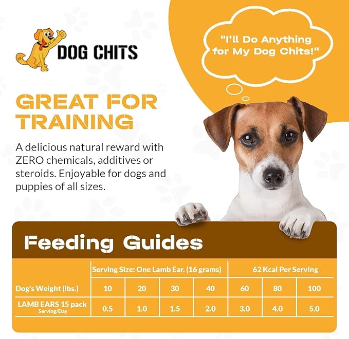 Dog Chits Lamb Ears for Dogs – 100% Natural Baked Lamb Ear Dog Treats – Grain-Free, High Protein, Lower Fat Training Chews – Dental Health & Joint Support – for Large, Medium Dogs – 15 Pack