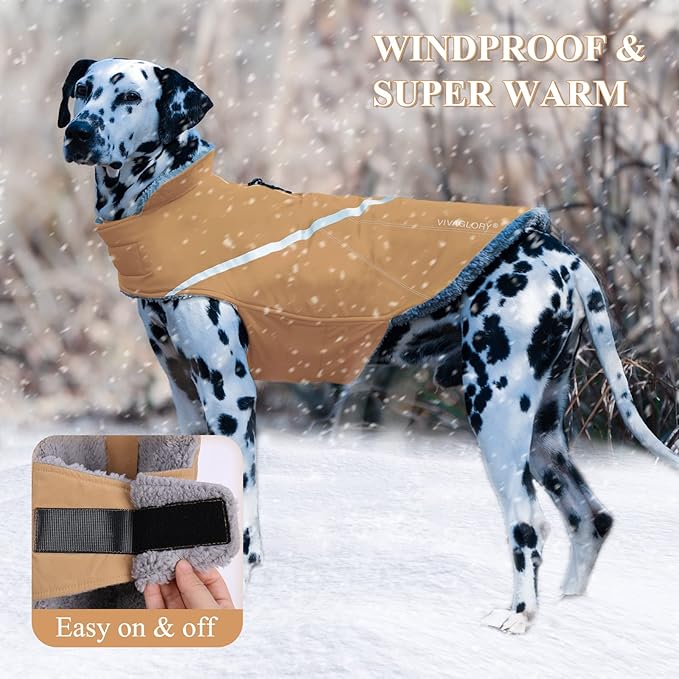 VIVAGLORY Snowrap Dog Coat, Jacket with Harness Hole & Velcro Closure, Dog Coat for Winter & Cold Weather, Fluffy Warm Fleece Lined Reflective Water Resistant for Puppy, XXS, Khaki
