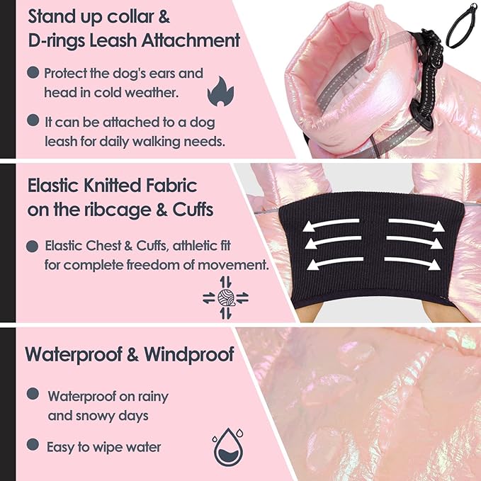 AOFITEE Dog Coat, Waterproof Dog Winter Jacket, Warm Fullbody Dogs Snowsuit, Winter Coat for Small Dogs, Zip Up Pet Puffer Jacket Fleece Vest, Outdoor Reflective Cold Weather Pet Coats, Pink L